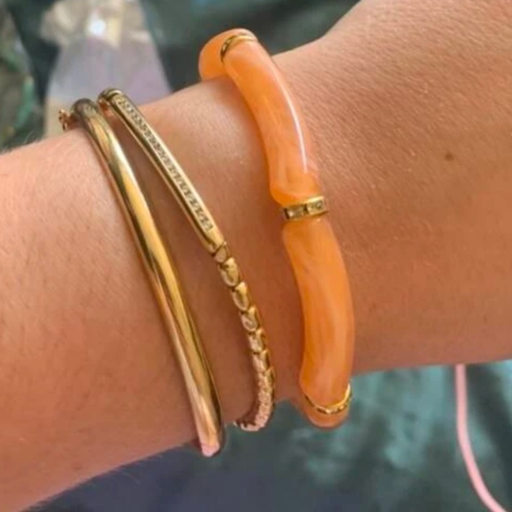 NWT 5/$25 Boutique Peach Tube Bamboo Bead Gold Tone Stretch Stacking Bracelet